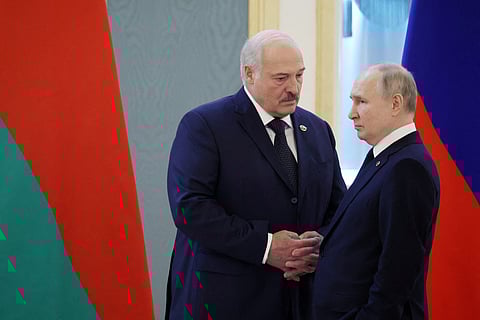 Russian President Vladimir Putin and Belarusian President Alexander Lukashenko attend a meeting of the Supreme State Council of the Union State of Russia and Belarus at the Kremlin in Moscow, Russia April 6, 2023. 