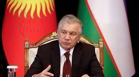FILE PHOTO: Uzbek President Shavkat Mirziyoyev speaks during a news conference following talks with Kyrgyz President Sadyr Japarov in Bishkek, Kyrgyzstan, January 27, 2023. 