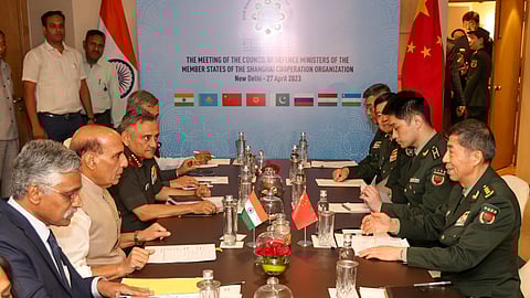 Chinese Defence Minister Li Shangfu and his Indian counterpart Rajnath Singh along with their officials are pictured during their meeting at the Shanghai Cooperation Organisation (SCO) meet in New Delhi, India, April 27, 2023. 