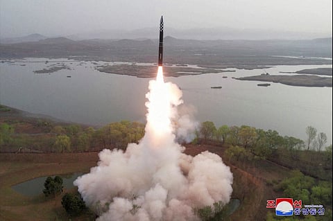 A view of a test launch of a new solid-fuel intercontinental ballistic missile (ICBM) Hwasong-18 at an undisclosed location in this still image of a photo used in a video released by North Korea's Korean Central News Agency (KCNA) April 14, 2023.