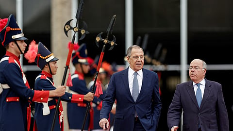 Russia's Foreign Minister Sergei Lavrov leaves after a meeting with Brazil's Foreign Minister Mauro Vieira in Brasilia, Brazil, April 17, 2023. 