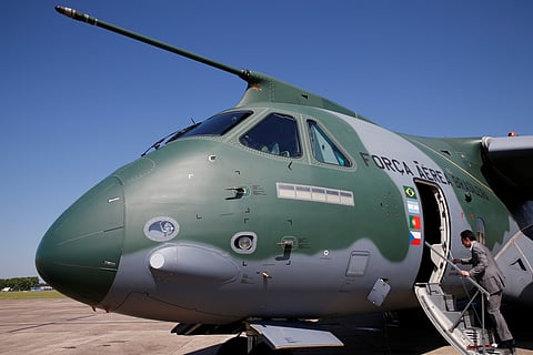 FILE PHOTO: An Embraer KC-390, a medium-size, twin-engine jet-powered military transport aircraft, is seen parked before a flying display, on the eve of the 52nd Paris Air Show at Le Bourget Airport near Paris, France June 18, 2017. 