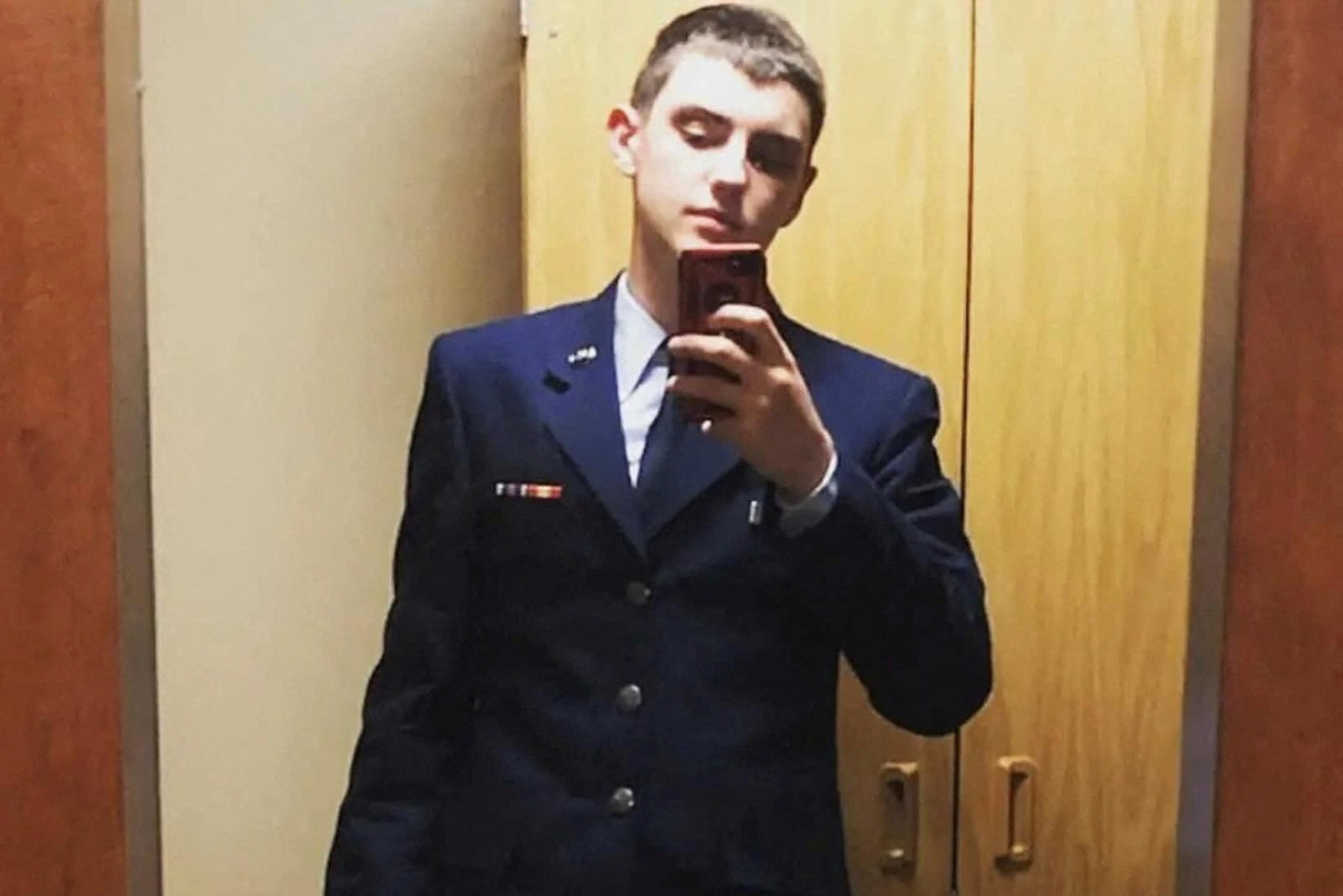 An undated picture shows Jack Douglas Teixeira, a 21-year-old member of the U.S. Air National Guard, who was arrested by the FBI, over his alleged involvement in leaks online of classified documents, posing for a selfie at an unidentified location. 
