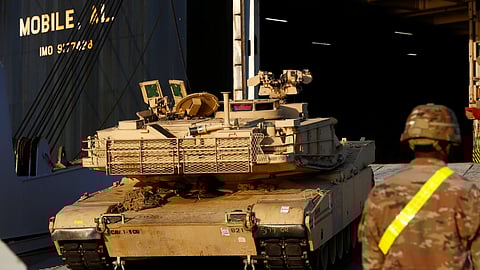 FILE PHOTO: U.S. Army Abrams tank leaves ship during operation Atlantic Resolve rotation in Riga port, Latvia, October 16, 2019. 