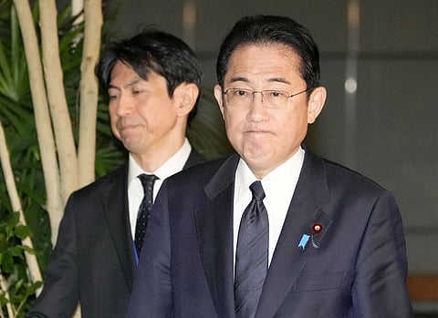 FILE PHOTO: Japanese Prime Minister Fumio Kishida speaks to the news media at the Defence Ministry in Tokyo, Japan, April 6, 2023. 