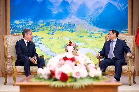 U.S. Secretary of State Antony Blinken meets with Vietnamese Prime Minister Pham Minh Chinh at the Office of the Government in Hanoi, Vietnam, Saturday, April 15, 2023. 