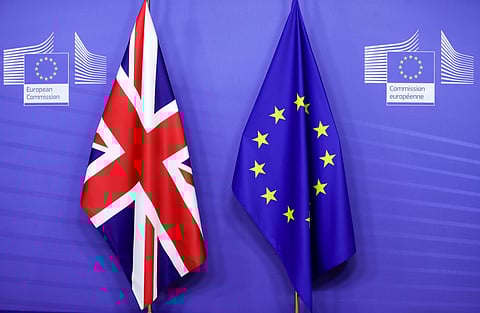 FILE PHOTO: Flags of the Union Jack and European Union are seen ahead of the meeting of European Commission President Ursula von der Leyen and British Prime Minister Boris Johnson, in Brussels, Belgium December 9, 2020. 