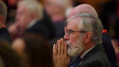 FILE PHOTO: Gerry Adams listens to speakers during the international conference to mark the 25th anniversary of the Good Friday Agreement, in Belfast, Northern Ireland, April 19, 2023. 