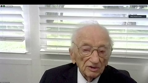 Benjamin Ferencz, former chief prosecutor in the Nuremberg trials, speaks during a video interview from his home in Delray Beach, Florida, U.S., November 18, 2020, in this still image obtained from a video. 