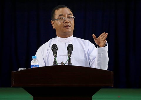 FILE PHOTO: Myanmar's military junta spokesman Zaw Min Tun speaks during the information ministry's press conference in Naypyitaw, Myanmar, March 23, 2021. 