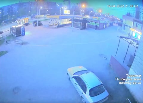 CCTV fottage shows a bright flashing light in Kyiv, Ukraine, April 20, 2023. 