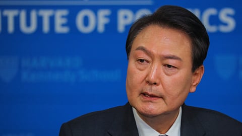 South Korea's President Yoon Suk Yeol speaks at the Institute of Politics at the Harvard Kennedy School in Cambridge, Massachusetts, U.S., April 28, 2023. 