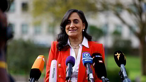 FILE PHOTO: Canada's Minister of National Defence Anita Anand speaks to the media at Ramstein U.S. Air Base, Germany, April 21, 2023. 