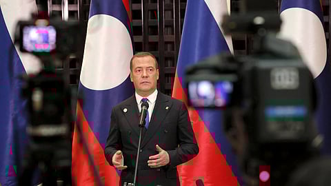 FILE PHOTO: Russia's Deputy head of the Security Council Dmitry Medvedev speaks during a news conference in Vientiane, Laos, May 23, 2023. 