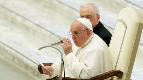 FILE PHOTO: Pope Francis speaks as he meets with bishops and delegates of the Synodal Path in Paul VI hall, at the Vatican, May 25, 2023. 