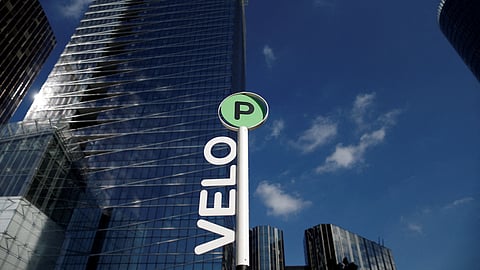 FILE PHOTO: A bike sign is pictured at the La Defense business district in Paris, France, September 30, 2022. 