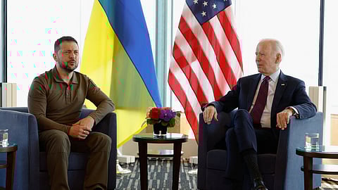 U.S. President Joe Biden meets with Ukrainian President Volodymyr Zelenskiy, during the G7 Summit at the Grand Prince Hotel in Hiroshima, Japan, May 21, 2023. 