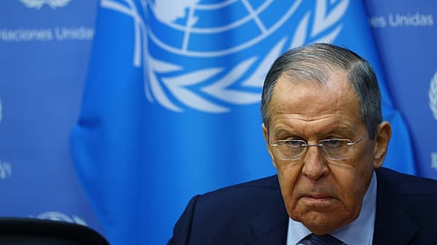 FILE PHOTO: Russian Foreign Minister Sergei Lavrov holds a news conference at United Nations headquarters in New York City, New York, U.S. April 25, 2023. 