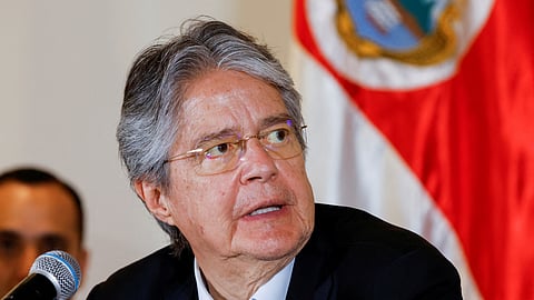 FILE PHOTO: Ecuadorean President Guillermo Lasso speaks during a press conference with Costa Rican President Rodrigo Chaves (not pictured) in San José, Costa Rica. March 1, 2023. 