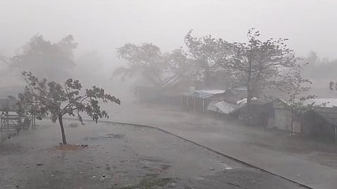 Strong winds and heavy rainfall is seen at ThekayPyin Rohingya camp, as Cyclone Mocha approaches, in Sittwe, Rakhine, Myanmar, May 14, 2023 in this screengrab taken from a handout video. 