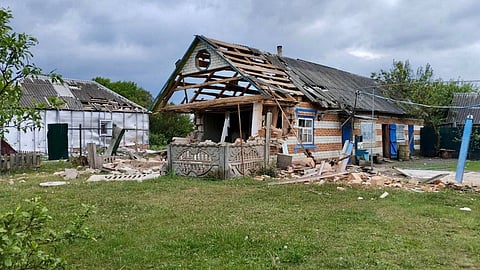 A view shows damaged buildings, after anti-terrorism measures introduced for the reason of a cross-border incursion from Ukraine were lifted, in what was said to be a settlement in the Belgorod region, in this handout image released May 23, 2023. 