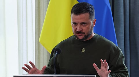 FILE PHOTO: Ukraine's President Volodymyr Zelenskiy speaks during a press conference with Dutch Prime Minister Mark Rutte and Belgian Prime Minister Alexander De Croo (not pictured), in the Hague, Netherlands May 4, 2023. 