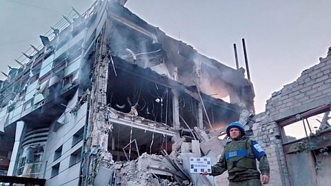A view shows an industrial building destroyed, according to Russian-installed officials, by a Ukrainian missile strike in the course of Russia-Ukraine conflict, in Luhansk, Russian-controlled Ukraine, in this picture released May 12, 2023. 