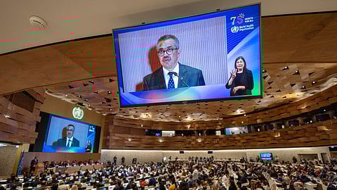 Director-General of the World Health Organisation (WHO) Dr. Tedros Adhanom Ghebreyesus attends the World Health Assembly at the United Nations in Geneva, Switzerland, May 21, 2023. 