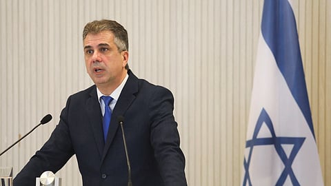 FILE PHOTO: Israeli Foreign Minister Eli Cohen talks during a news conference with Cyprus Foreign Minister Constantinos Kombos and Greek Foreign Minister Nikos Dendias at the Presidential Palace in Nicosia, Cyprus March 31, 2023. 
