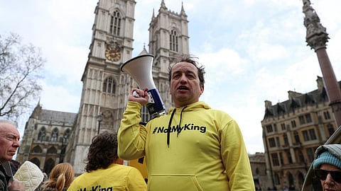 FILE PHOTO: Graham Smith, a member of a Republic and the author of the book 'Abolish the Monarchy', attends a anti-monarchy protest prior to the Commonwealth Service, outside Westminster Abbey in London, Britain, March 13, 2023. 