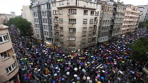People attend a protest "Serbia against violence" in reaction to the two mass shootings in the same week, that have shaken the country, in Belgrade, Serbia, May 27, 2023. 