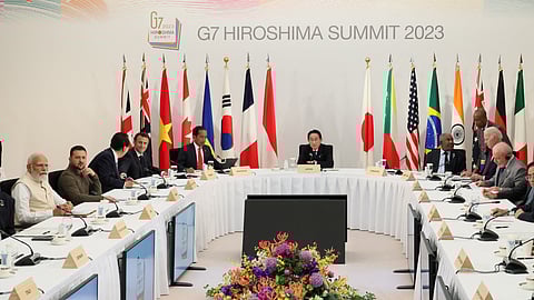 General view shows the G7, Partner Countries and Ukraine meeting as a part of the G7 leaders' summit in Hiroshima, western Japan May 21, 2023, in this handout photo released by Ministry of Foreign Affairs of Japan. 