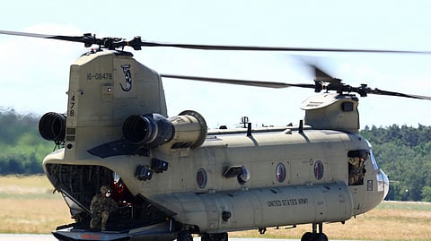 FILE PHOTO: U.S. Army's Boeing CH-47F Chinook arrives ahead of the opening of the International Aerospace Exhibition ILA at Schoenefeld Airport in Berlin, Germany, June 21, 2022. 
