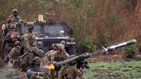 FILE PHOTO: A U.S. soldier fires a Javelin anti-tank weapon system during a live exercise as part of the annual US-Philippines joint military exercises called "Balikatan" at Fort Magsaysay, Nueva Ecija province, Philippines, April 13, 2023. 