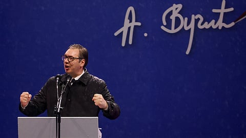 Serbia's President Aleksandar Vucic addresses his supporters during a rally in front of the Parliament building in Belgrade, Serbia, May 26, 2023. 