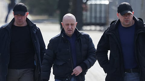 Founder of Wagner private mercenary group Yevgeny Prigozhin leaves a cemetery before the funeral of Russian military blogger Maxim Fomin widely known by the name of Vladlen Tatarsky, who was recently killed in a bomb attack in a St Petersburg cafe, in Moscow, Russia, April 8, 2023. 