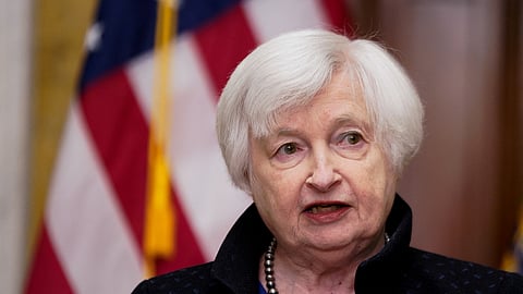 FILE PHOTO: U.S. Treasury Secretary Janet Yellen speaks during a news conference at the Treasury Department in Washington, U.S., April 11, 2023. 