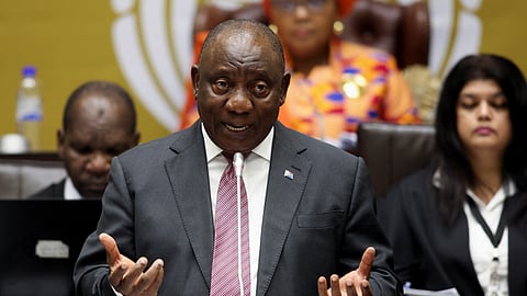 South African President Cyril Ramaphosa replies to questions in parliament, regarding the electricity crisis, in Cape Town, South Africa, May 11, 2023. 