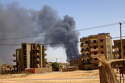 FILE PHOTO: Smoke rises above buildings after an aerial bombardment, during clashes between the paramilitary Rapid Support Forces and the army in Khartoum North, Sudan, May 1, 2023. 
