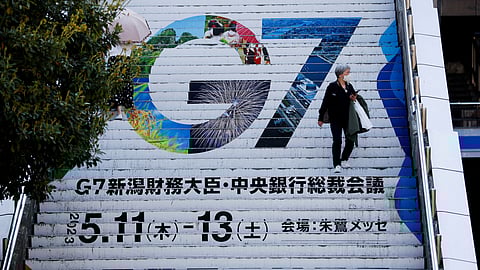 FILE PHOTO: The logo of the G7 Finance Ministers and Central Bank Governors' meeting is displayed at Niigata station, ahead of the meeting, in Niigata, Japan, May 10, 2023. 