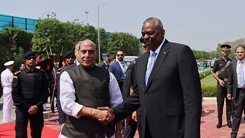 U.S. Secretary of Defense Lloyd Austin shakes hands with India's Defense Minister Rajnath Singh on the day of his ceremonial reception in New Delhi, India, June 5, 2023. 