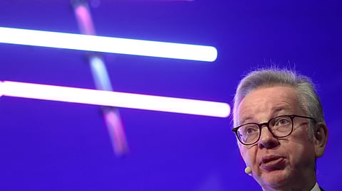 FILE PHOTO: Michael Gove, Britain’s Secretary of State for Levelling Up, Housing and Communities, is seen during his speech at the 'Convention of the North' conference in Manchester, Britain, January 25, 2023. 