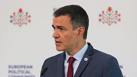 FILE PHOTO: Spanish Prime Minister Pedro Sanchez attends a press conference during a meeting of the European Political Community at Mimi Castle in Bulboaca, Moldova June 1, 2023. 