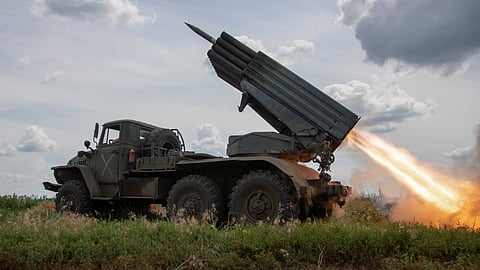 Ukrainian servicemen fire a BM-21 Grad multiple launch rocket system towards Russian troops, amid Russia's attack on Ukraine, near a front line in Donetsk region, Ukraine June 21, 2023. 