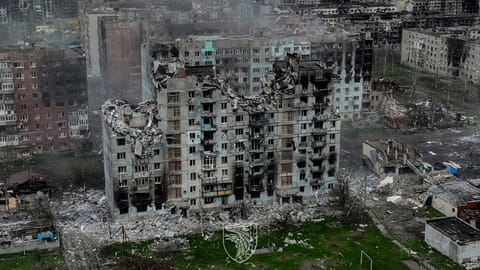 FILE PHOTO: An aerial view shows destructions in the frontline town of Bakhmut, amid Russia's attack on Ukraine, in Donetsk region, Ukraine, in this handout picture released on May 21, 2023. 
