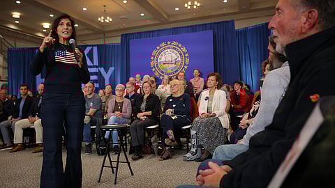 FILE PHOTO: Republican presidential candidate and former U.S. Ambassador to the United Nations Nikki Haley speaks during a campaign town hall meeting in Bedford, New Hampshire, U.S., April 26, 2023. 