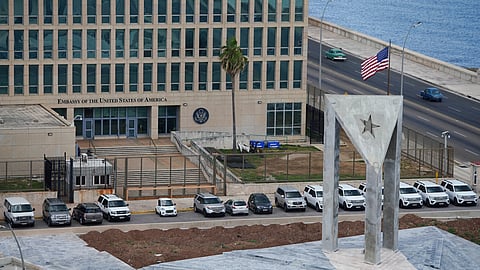 FILE PHOTO: A view of the U.S. Embassy beside the Anti-Imperialist stage in Havana, Cuba, May 24, 2023. 