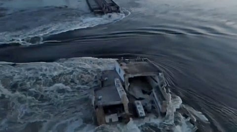 FILE PHOTO: A general view of the Nova Kakhovka dam that was breached in Kherson region, Ukraine June 6, 2023 in this screen grab taken from a video obtained by Reuters.