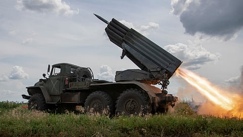 Ukrainian servicemen fire a BM-21 Grad multiple launch rocket system towards Russian troops, amid Russia's attack on Ukraine, near a front line in Donetsk region, Ukraine June 21, 2023. 
