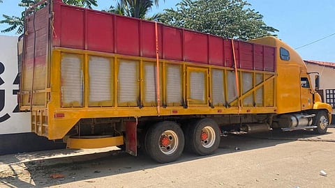 The truck that was carrying 129 migrants from Guatemala, Honduras, El Salvador and India who where rescued by Mexico's National Institute of Migration (INM), according to a statement by the INM, is seen in this photo released on June 16, 2023 and distributed by INM.